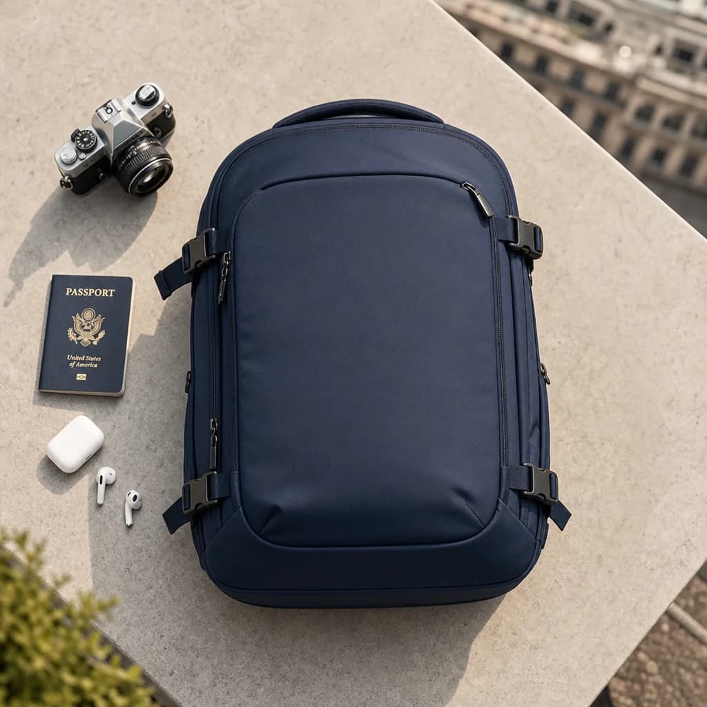 MONPI flat lay — travel essentials